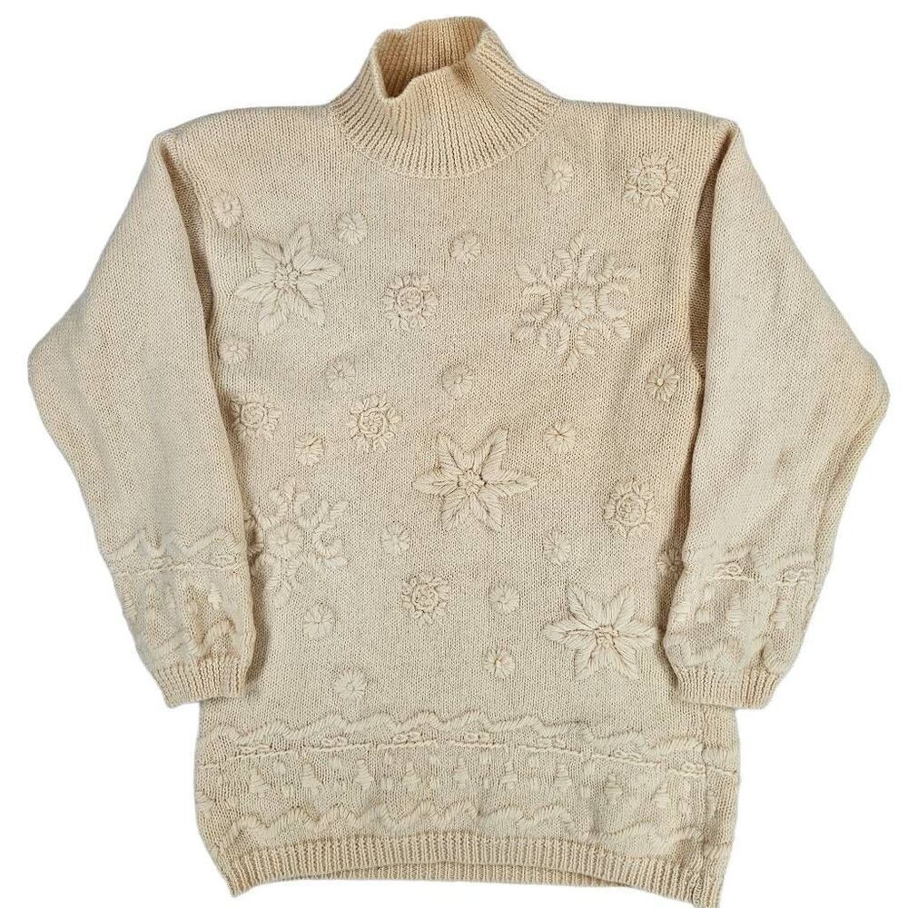 Vintage Winter Snowflake Turtleneck Wool Sweater Cream S